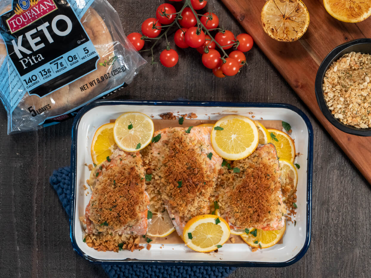 Toufayan Keto Crumb Topped Salmon Overhead with Product 1